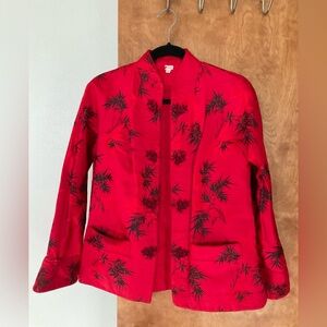 Elegant Vintage Red Floral Women's Jacket 100% Silk Size M
